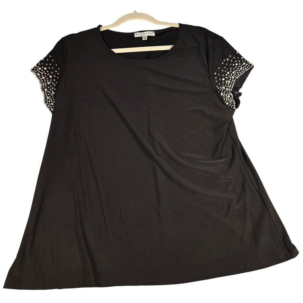 Annalee + Hope‎ Black Embellished Pearl Rhinestone Sleeve Top XL Made in USA
